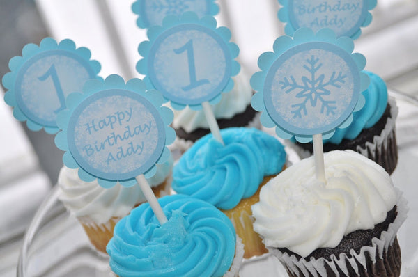 Snowflake 1st Birthday Cupcake Toppers, Winter One-derland 1st Birthday Party Decorations Blue Snowflake - Set of 12