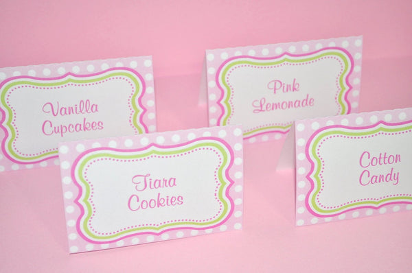 Food Label Tent Cards, Placecards, Buffet Food Labels, Candy Labels, Girls Birthday Party Decorations, Pink Lime Green - Set of 12