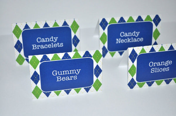 Boys Birthday Food Labels, Buffet Labels, Place Cards, Boys 1st Birthday Golf Decorations, Argyle Birthday, Green and Blue - Set of 12