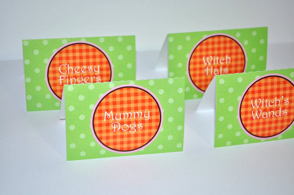 Pumpkin Birthday Tent Cards, Buffet Food Labels, Place Cards, Halloween Party Decorations, Autumn Birthday Party Decorations - Set of 12