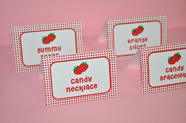 Strawberry Birthday Food Labels, Candy Buffet Labels, Placecards, Personalized Food Labels, Girls Birthday Party Decorations - Set of 12