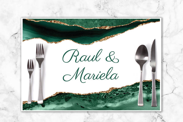 Wedding Paper Placemats Emerald Green Agate Gold Decorations Tableware Disposable Personalized Placemats - Printed & Shipped Set of 6