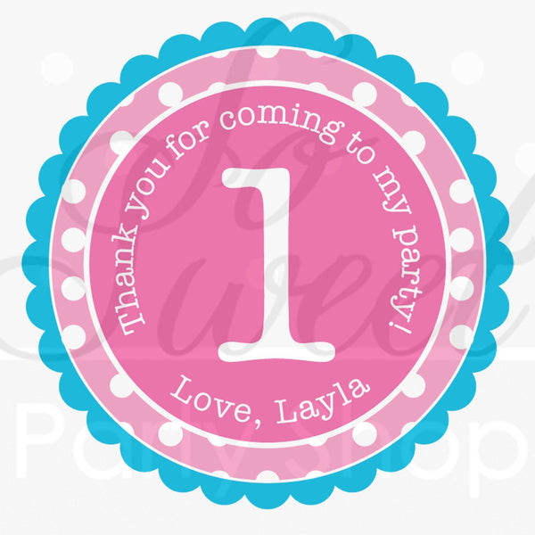 1st Birthday Stickers, Thank You Sticker, Birthday Favors, Girls Birthday Decor - Pink, Teal, Lime Green, Purple Polkadots - Set of 24