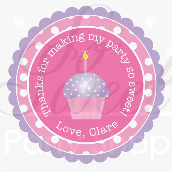 Girls Birthday Stickers, Birthday Favors, 1st Birthday Party, Polkadots Pink, Lavender with Cupcakes, Birthday Party Decorations - Set of 24