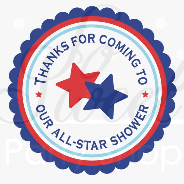 Boys Baby Shower Favor Sticker Labels Sports All Star - Red, White and Blue - Set of 24