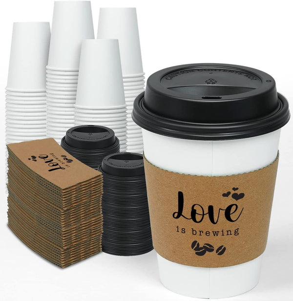 Wedding Coffee Cups Love Is Brewing, Bridal Shower Coffee Cups With Sleeves and Lids, Engagement Party Coffee Cups - Set of 10