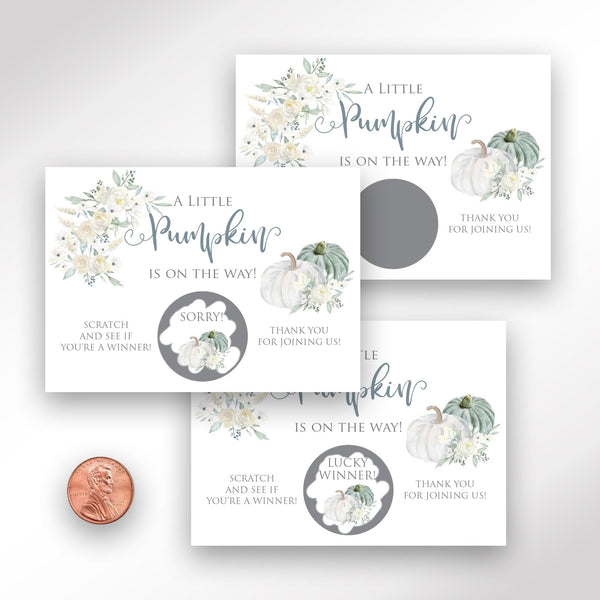 Pumpkin Baby Shower Game Scratch Off Ticket Cards Printed, White Pumpkin Gender Neutral Baby Shower - Set of 24 Cards Printed and Shipped