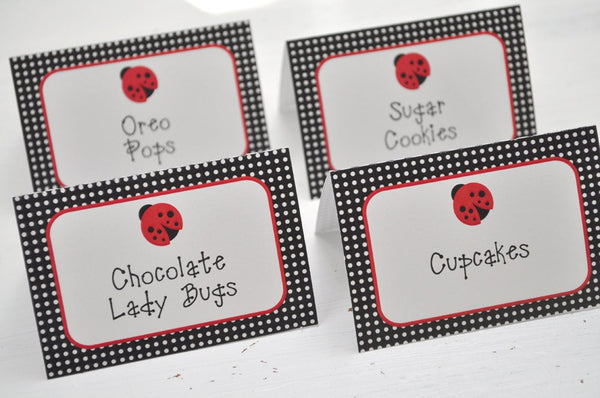 Ladybug Food Label Tent Cards, Buffet Labels, Candy Bar Labels, Place Cards, Ladybug Birthday, Ladybug Baby Shower Decorations - Set of 12