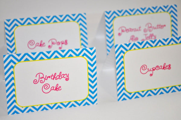 Birthday Food Label Tent Cards, Place cards, Food Buffet Labels, Candy Bar Labels, Chevron Birthday Decorations with Polkadots - Set of 12