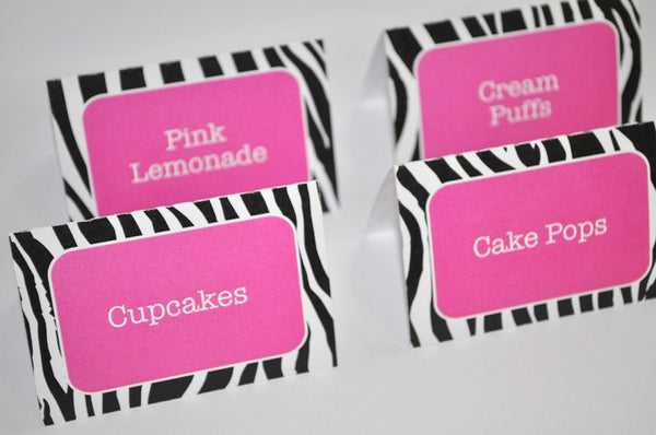 Food Labels, Buffet Labels, Candy Labels, Place Cards, Girls 1st Birthday Party Decorations, Zebra Stripe, Pink, Black and White - Set of 12