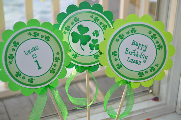 St. Patrick&#39;s Day Centerpiece Sticks, 1st Birthday Decorations, St. Patricks Day Decorations, Shamrocks, Clovers, Green - Set of 3 Sticks