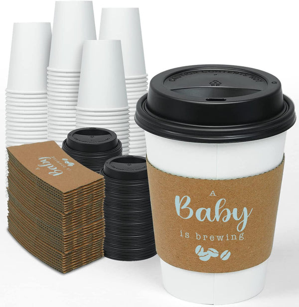 Baby Shower Coffee Cups A Baby Is Brewing Blue Boy, Hot Cocoa Cup Sets, Gender Reveal Coffee Cups With Sleeves and Lids - Set of 10