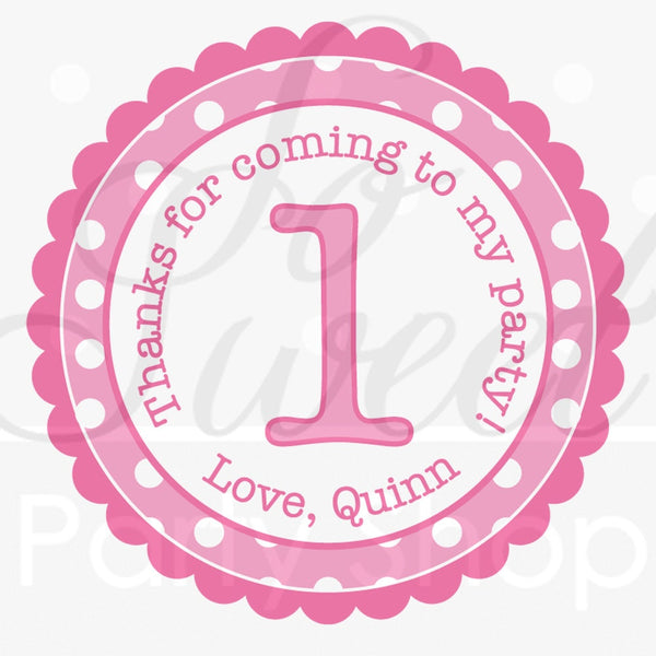 Girls 1st Birthday Party Favor Sticker Labels, Thank You Stickers, Birthday Stickers, 1st Birthday, Pink and White Polkadots - Set of 24