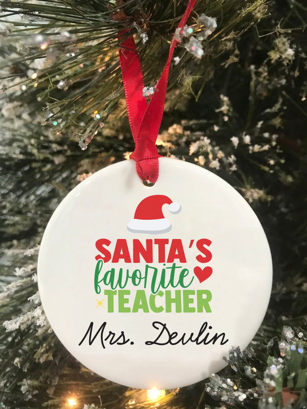 Santa&#39;s Favorite Teacher Ornament, Teacher Christmas Ornament, Personalized Teacher Gift, Ceramic Ornament