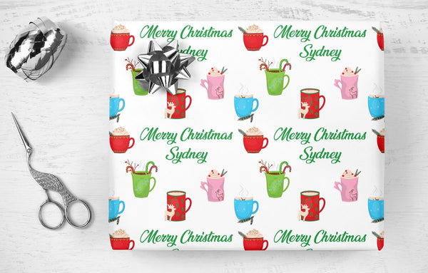 Personalized Christmas Gift Wrap Sheets, Hot Cocoa Personalized Name Wrapping Paper, Holiday Wrapping Paper