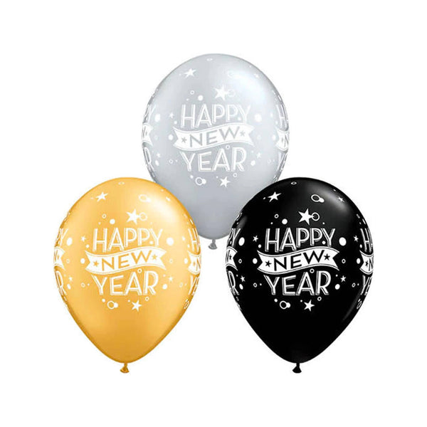 New Years Eve Balloons Black Gold and Silver Latex Balloons 11", Happy New Year, New Years Eve Party