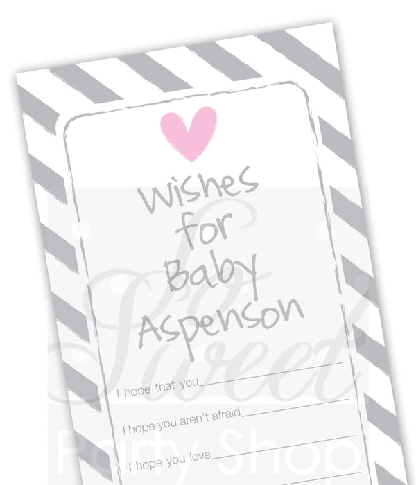 Baby Well Wish Cards - Girls Baby Shower Pink and Gray - Baby Shower Decorations - Baby Advice Cards - Heart and Stripe - Set of 12