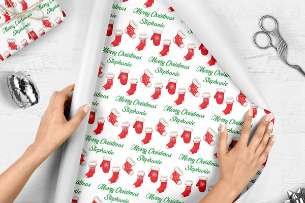 Christmas Personalized Gift Wrap Sheets, Stockings Mittens Personalized Name Wrapping Paper, Holiday Wrapping Paper