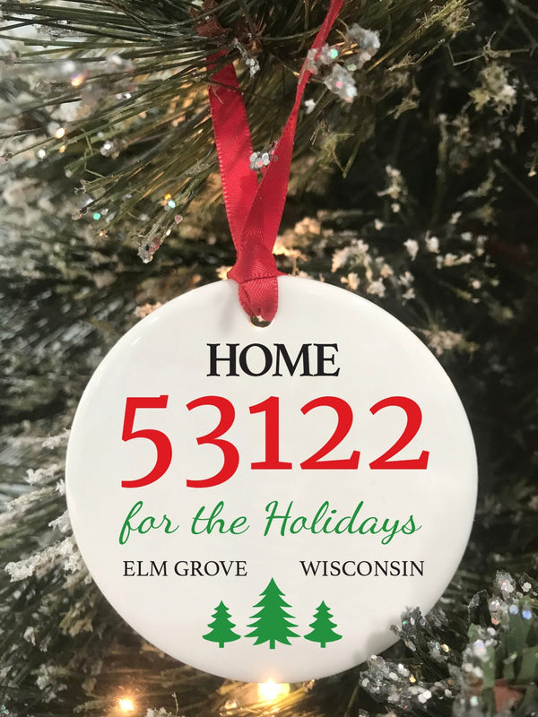 Zip Code Personalized Christmas Ornament, Wedding Gift, First Christmas New Home Ceramic Ornament, Keepsake Ornament City State