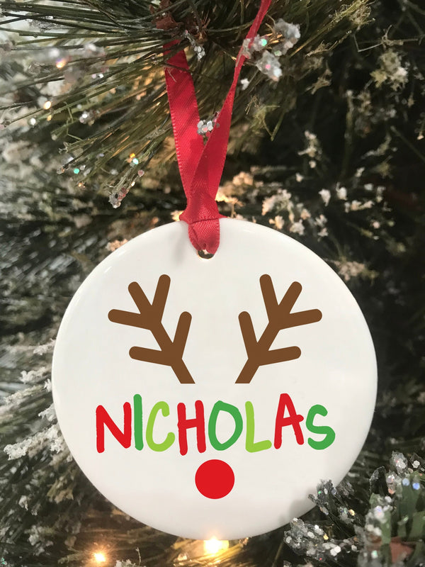 Reindeer Personalized Name Christmas Ornament, Custom Kids Christmas Gift, Ceramic Ornament, Keepsake Ornament