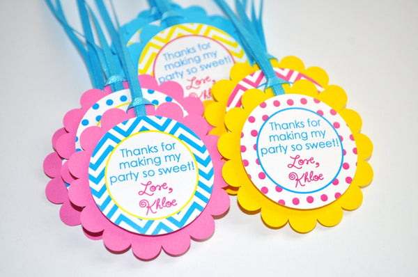 Party Favor Tags, Birthday Favors, Girls 1st Birthday, Thank You Tags, Chevron Polkadot Birthday Decorations - Teal, Pink, Yellow- Set of 12