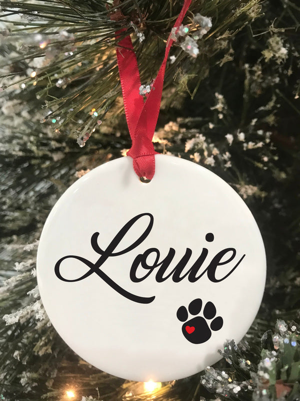 Dog Christmas Ornament Personalized Name, Paw Print Pet Christmas Gift, Ceramic Ornament, Keepsake Ornament