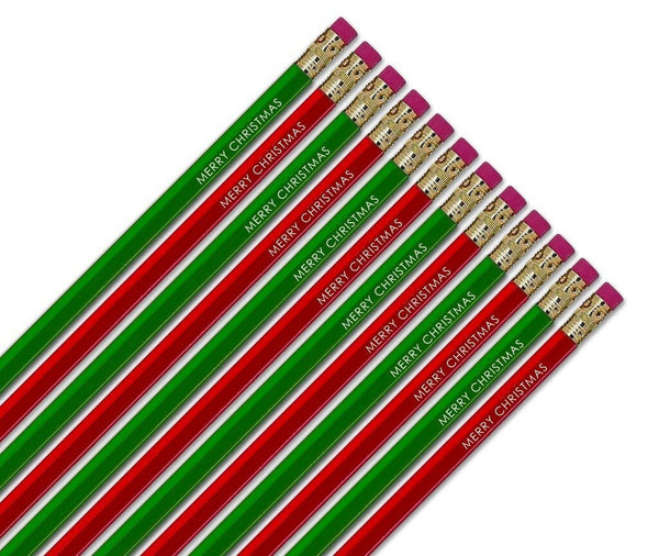 Merry Christmas Pencils, Printed Pencils, Teacher Christmas Gift, Red Green Pencils, Stocking Stuffers for Kids, School Pencils - Set of 12