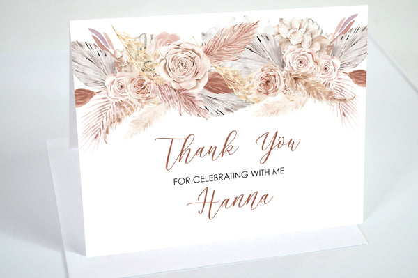 Bridal Shower Thank You Cards Boho Floral Pampas Grass Neutral Thank You Notes, Wedding Thank You Cards - Printed and Shipped - Set of 10