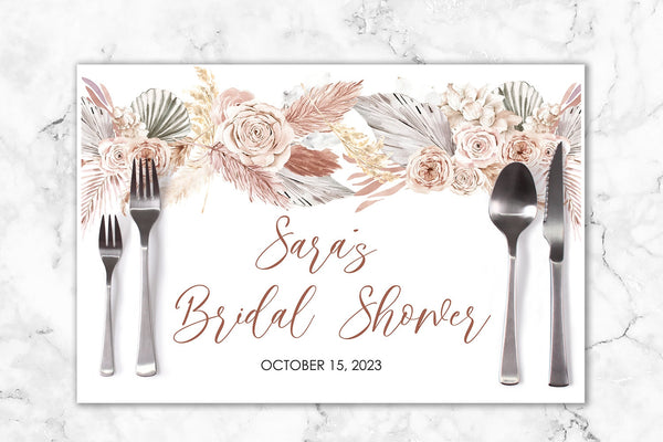 Bridal Shower Paper Placemats Boho Floral Pampas Grass Neutral Decorations Tableware Disposable Personalized- Printed & Shipped Set of 6