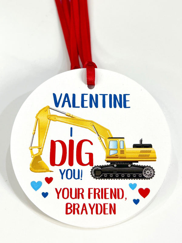 Valentine Tags for Kids, I Dig You Construction Vehicle, School Valentines Day Cards, Classroom Valentines Personalized - Set of 12 Tags