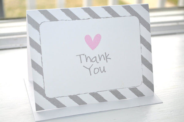 Girls Baby Shower Thank You Cards, Thank You Notes, Bridal Shower Thank Yous, Baby Shower Decor, Pink and Gray Heart and Stripe - Set of 10