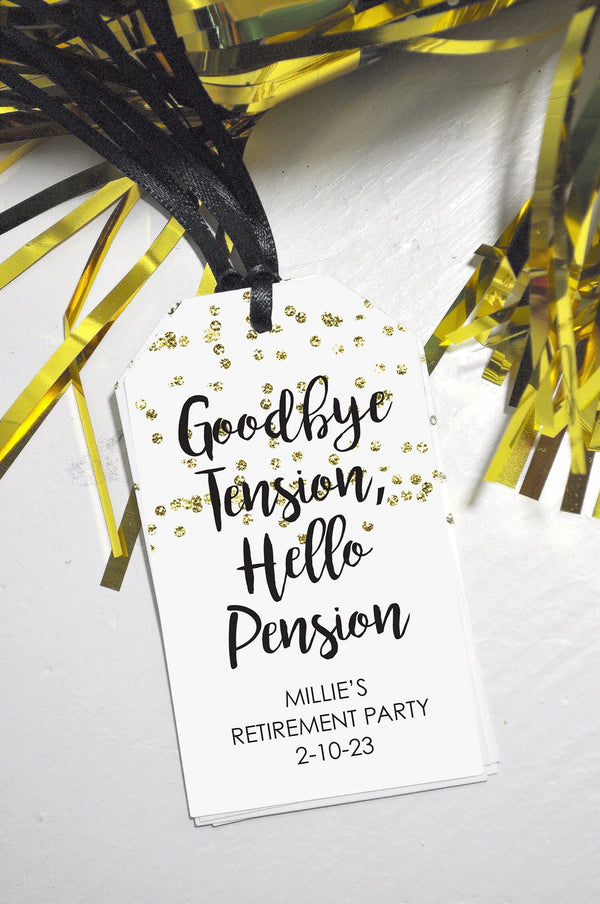 Retirement Party Favor Tags, Mini Wine Bottle Tag, Mini Champagne Tag, Retired Personalized Favors Goodbye Tension Hello Pension - Set of 12