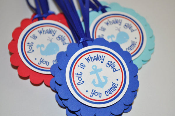 Nautical 1st Birthday Favor Tags, Party Favors, Thank You Tags, Whale and Anchor Birthday Decorations, Boys 1st Birthday - Set of 12