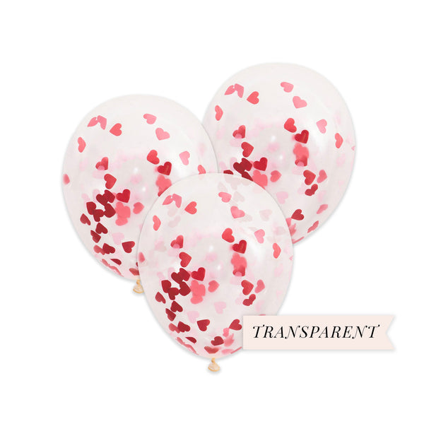 Red Heart Confetti Balloons 16" Transparent Balloons, Valentine&#39;s Day Balloons, Baby Girl Shower Balloons, Red Heart Balloons - Pack of 6