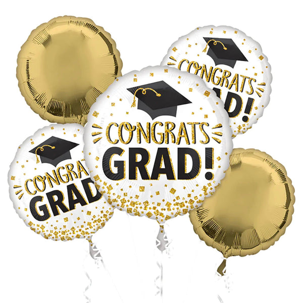 Graduation Balloon Bouquet Foil Mylar Gold Polkadot Balloon, Congratulations Grad Balloons, Gold Black White Graduation Party Decorations