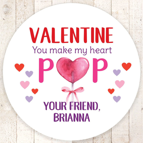 Lollipop Valentines Day Stickers, You Make My Heart Pop Valentines Day Cards, Treat Bag Stickers, Classroom Valentines - Set of 24 Stickers