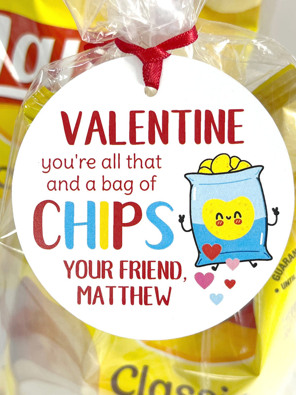 Valentine Tags for Kids, You&#39;re All That and A Bag of Chips, School Valentines Day Cards, Classroom Valentines Personalized - Set of 12 Tags