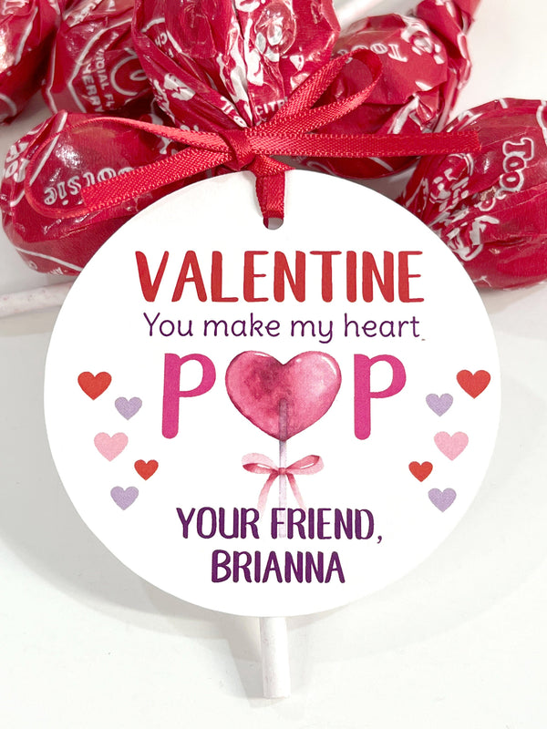 Kids Valentine Tags Lollipop You Make My Heart Pop, Kids School Valentines Day Cards, Classroom Valentines Personalized Tag - Set of 12 Tags