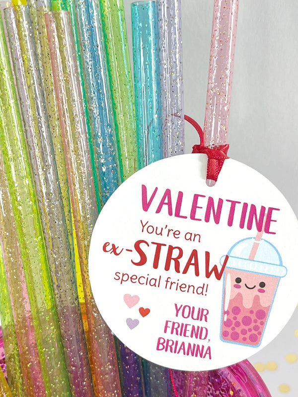 Valentine Tags for Kids Straws Boba Tea, School Valentines Day Cards, Classroom Valentine Tags, Personalized Valentines - Set of 12 Tags