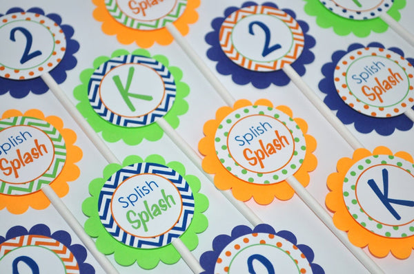 Boys Birthday Cupcake Toppers, 1st Birthday Party - Chevron Birthday Decorations with Polkadots - Navy Blue, Orange and Green - Set of 12