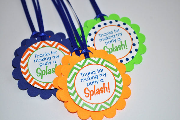 Boys 1st Birthday Favor Tags, Thank You Favor Tags, Party Favors, Chevron Birthday Party Polkadots Navy Blue, Orange and Green - Set of 12