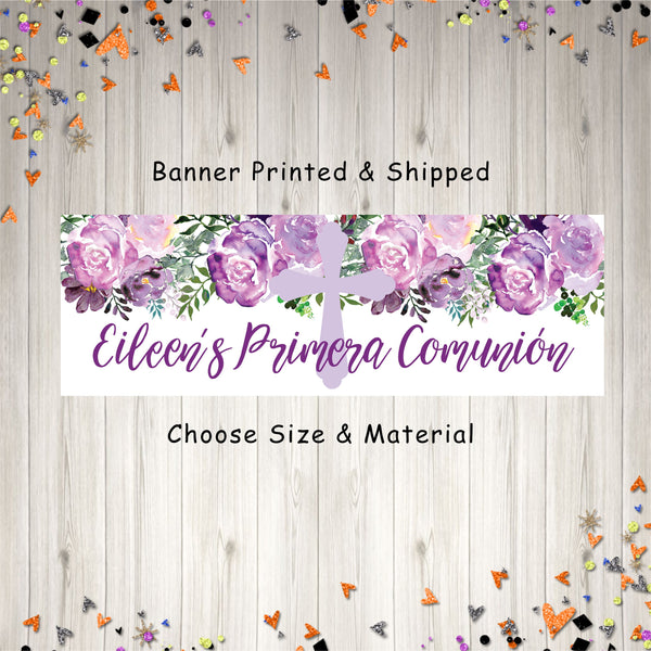 Primera Comunion Banner Girl Purple Floral, Primera Comunion Banner, Spanish First Holy Communion Banner Sign - Printed & Shipped
