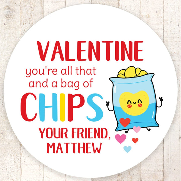 Chip Bag Valentines Day Stickers, Kids Valentines Day Cards, Treat Bag Stickers, Classroom Valentines - Set of 24 Stickers