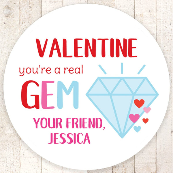 Gem Ring Pop Valentines Day Stickers, Kids Lollipop Valentines Day Cards, Treat Bag Stickers, Classroom Valentines - Set of 24 Stickers