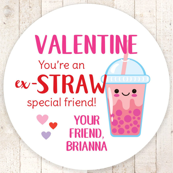 Straw Valentines Day Stickers, Kids Valentines Day Cards, Treat Bag Stickers, Classroom Valentines - Set of 24 Stickers
