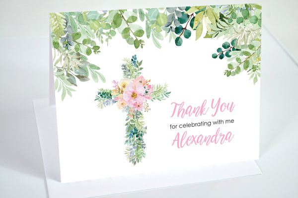 Baptism Thank You Cards Greenery Pink Floral Cross, Baptism Thank You Notes, First Holy Communion Cards - Printed and Shipped - Set of 10