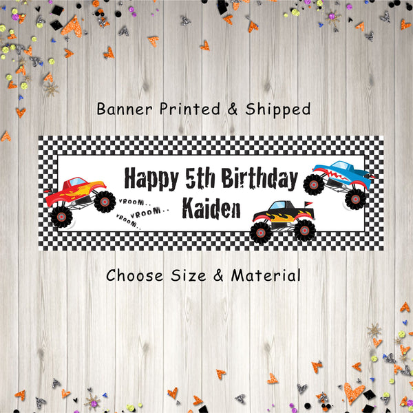 Monster Truck Birthday Party Banner, Monster Truck Rally Racing Birthday Banner, Personalized Happy Birthday Banner - Printed and Shipped