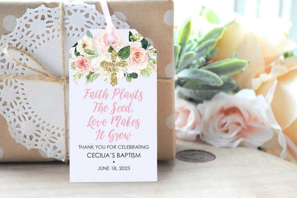Faith Plants The Seed Love Makes It Grow Tag, Baptism Girl Favor Tag, First Holy Communion Tag, Pink Floral Gold Cross Plant Tags - Set of 12