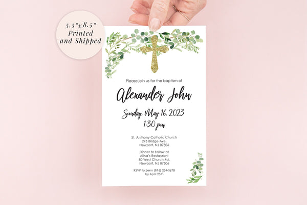 Baptism Invitation Greenery Gold Cross, Baptism Invite, Baby Christening - Printed and Shipped - Set of 10