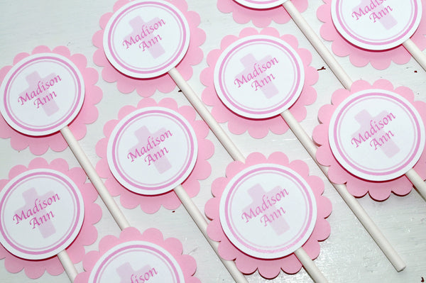 Baptism Cupcake Toppers Girls Pink Cross, First Holy Communion Party Decorations, Religious Party Decorations - Set of 12